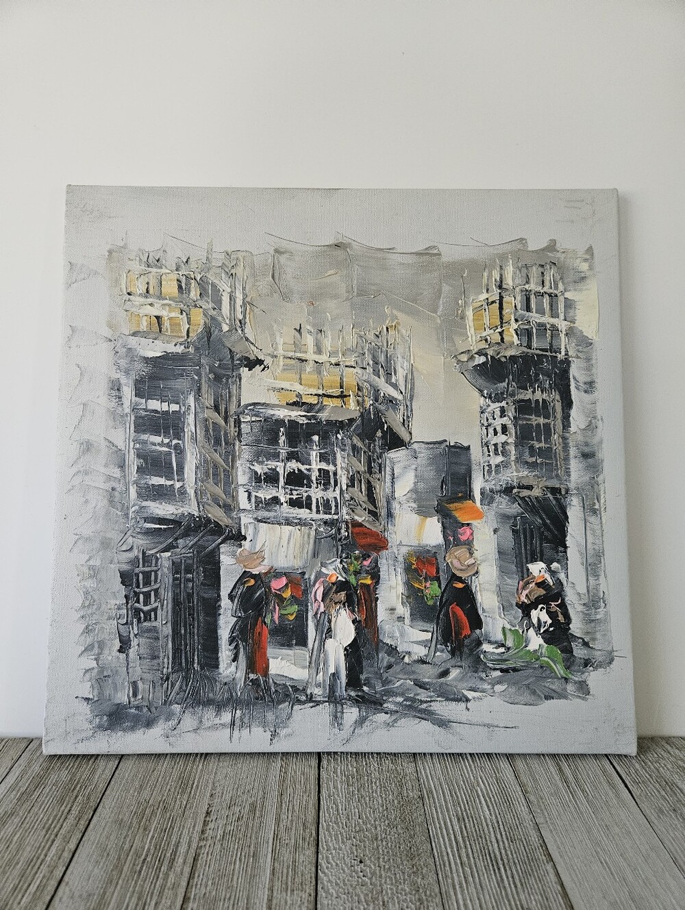 Cityscape Original Oil on Canvas 12" Square Unframed Unsigned Painting Black &